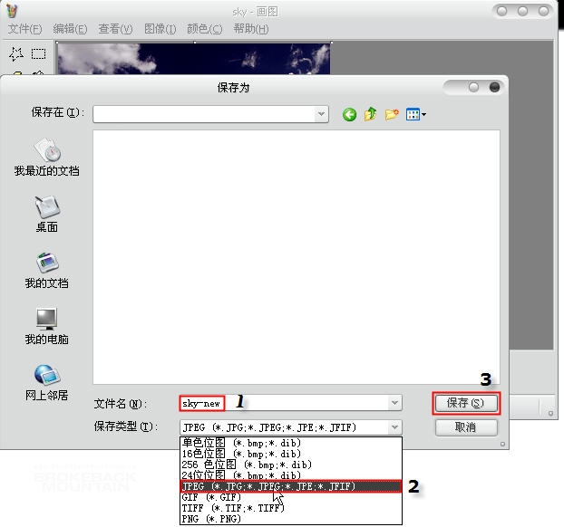 ① 重新取一个文件名； ② “保存类型”选择“JPEG”； ③ 点击“保存”